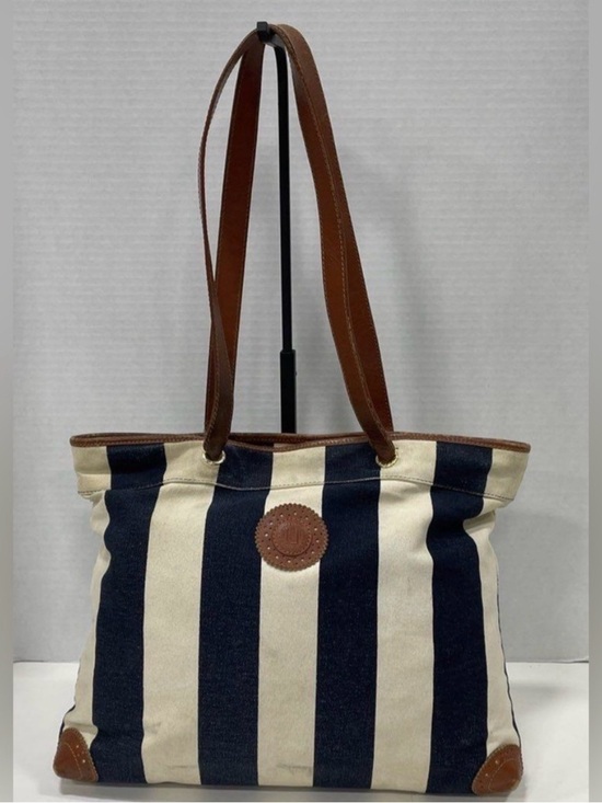 Fendi Handbags - Fendi Navy and Cream Striped Canvas Tote with Brown Leather Trim